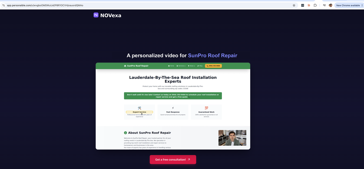 The personalized video page PersonAIble builds in one click — the user's own logo, brand colors, an AI screencast of the prospect's real website, a UGC presenter and a call-to-action button